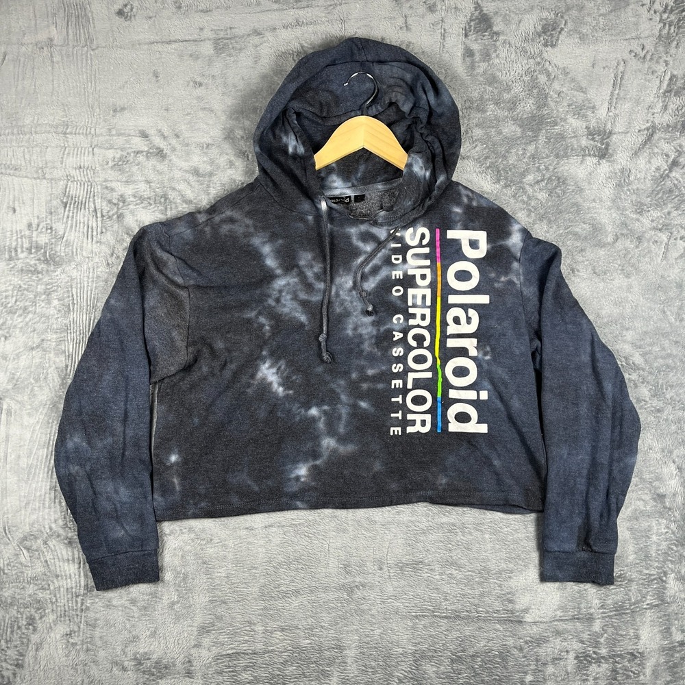 Polaroid Supercolor Video Cassette Crop Hoodie Womens Gray Tie Dye Pullover M